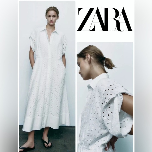 Zara White Midi Dress with Collar 100% Cotton - Picture 3 of 16